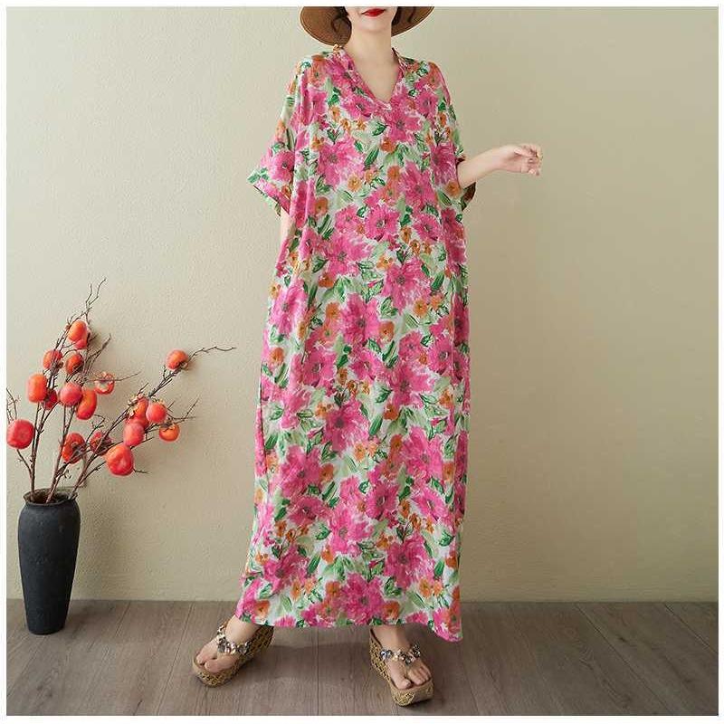 Women's Vintage Long Dress with Cotton and Linen Patterns