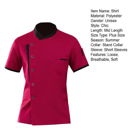 Unisex Şef Gömlek Yumuşak Nefes Standı Yaka Tek göğüslü Kısa Kollu Göğüs Cepleri Restoran Lokanta Mutfak Aşçı Üstü Fırın Otel Garson