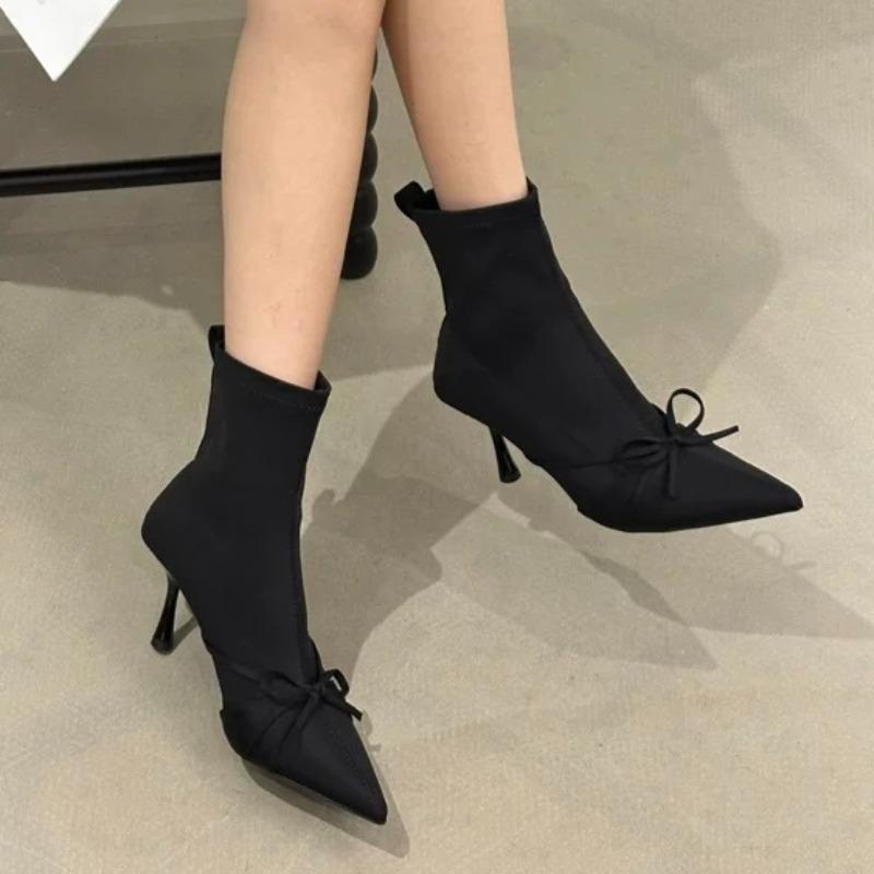French Sleeve Temperament Bow Booties Women s Autumn Winter Pointed Toe Skinny Heel Skinny Boots 35