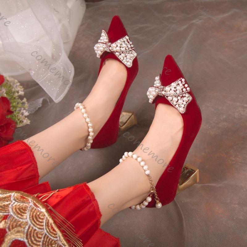Fashion Comemore Spring and Autumn New Bridal Shoes High Heels Pointed Toe Women Pumps Ankle Pearl Buckle Shallow Mouth Heels for Women