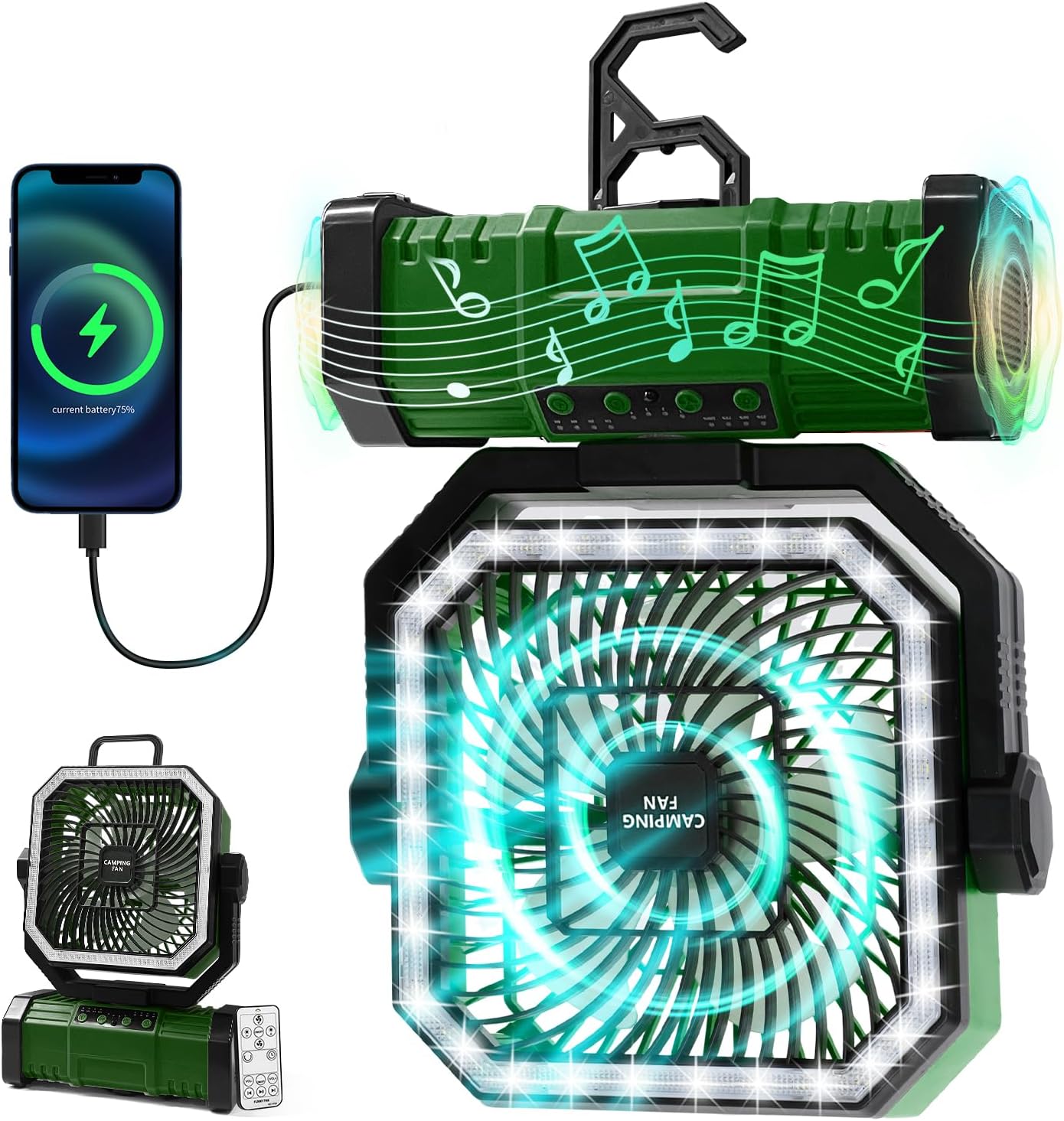 

20000mAh Portable Camping Fan W/Bluetooth Speaker Rechargeable Battery Operated Oscillating Camp Tent Fan control 4 Speeds