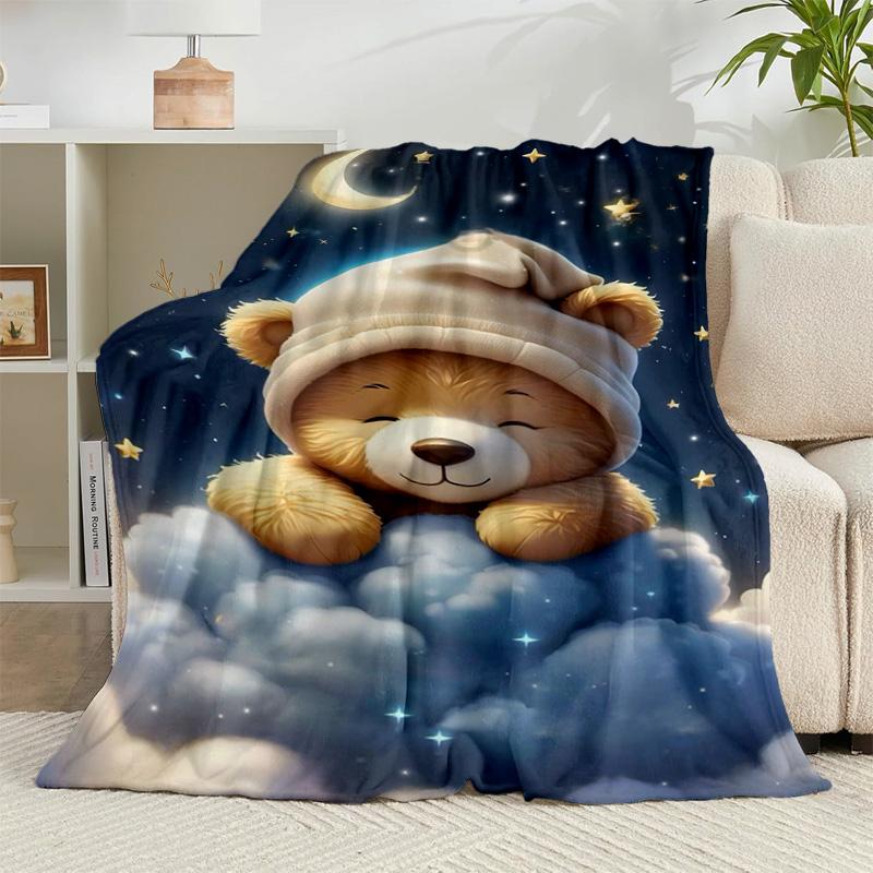 1PC Teddy Bear Night Sky Flannel Blanket Gift, Suitable for Both Men And Women, Soft Ideal for Beds And Sofa, Birthday Or Christmas Gift