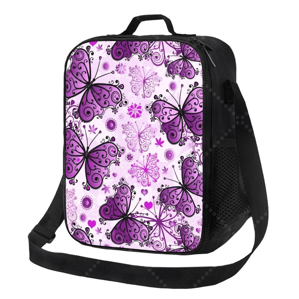 Butterfly Purple Lunch Bag with Adjustable Shoulder Strap Reusable Thermal Bento Tote for Work Picnic Beach