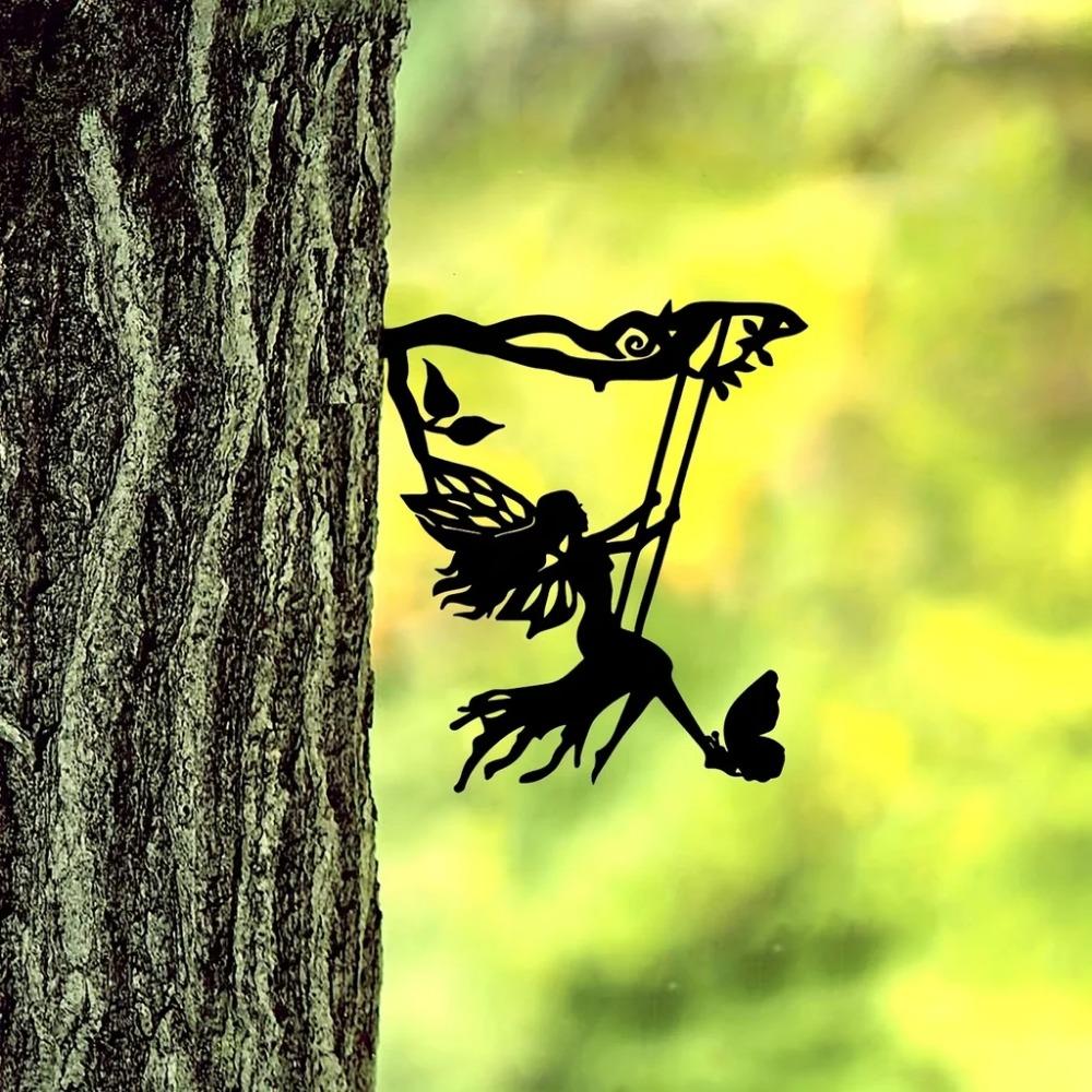 1 stück Schaukel Elfe Auf Zweig Stahl Silhouette Metall Wand Kunst Hause Garten Hof Terrasse Outdoor Statue Stake Dekoration Perfekte