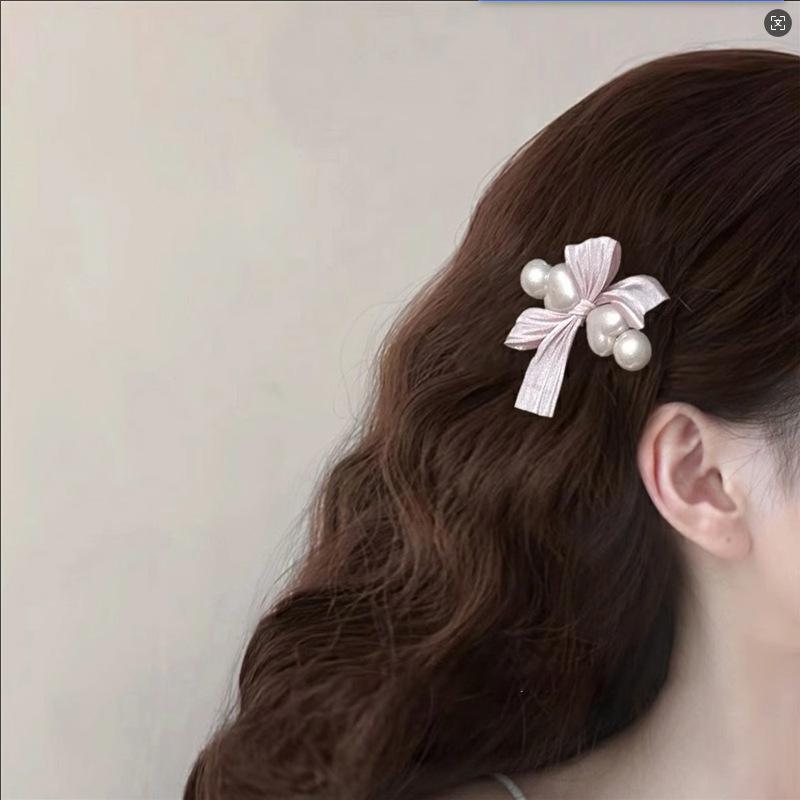 2pcs Elegant Bow Cute Pink Pearl Lace Bow Hair Clip Side Clip Sweet Hair Accessory Personality Niche Versatile Clip for Girls