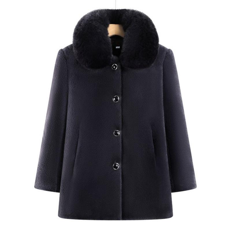 

Зимняя имитация норковой шубы средней длины для пожилой женщины, меховой воротник, набитое утолщенное хлопковое пальто средней длины 5XL [recommended 150-80kg] темно-фиолетового