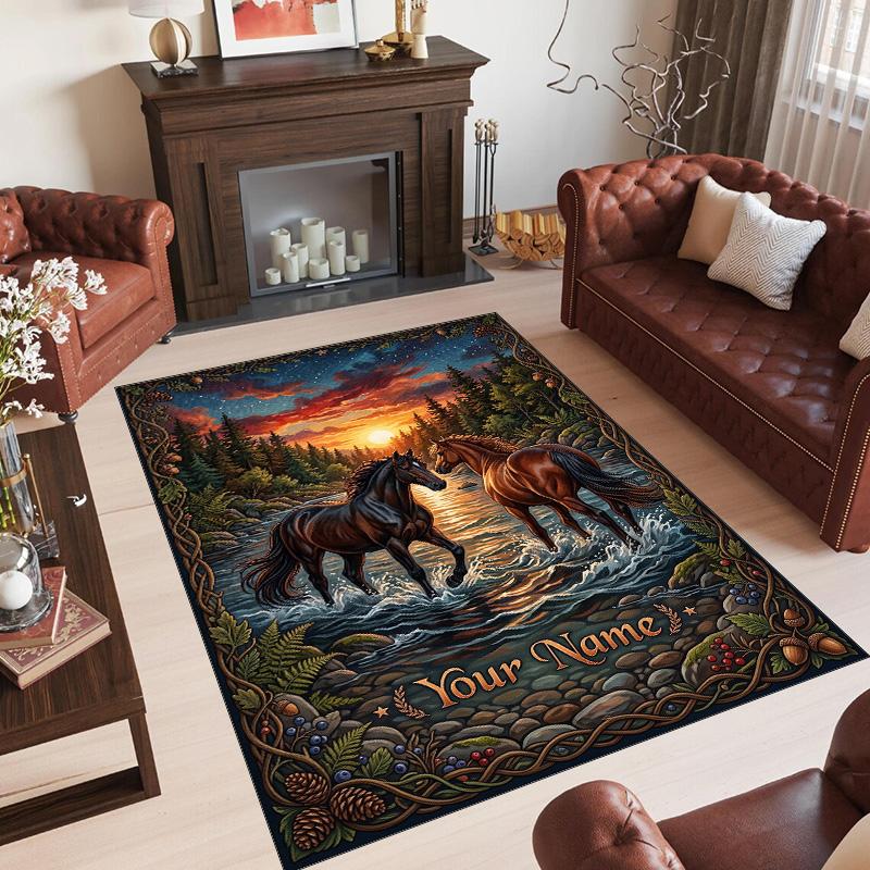 Horse Theme Crystal Velvet Floor Rug Personalized Custom Name Text Warm Carpet Home Decoration