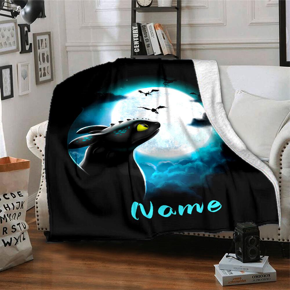 Toothless Dragon Full Moon Night Scene Flannel Blanket With Customizable Name Comfortable In All Seasons Suitable For Sofas Beds Travel Camping And