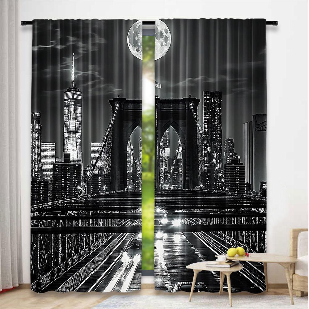 2 stk Svart og Hvit Gardin New York City Nattscene Byliv Brooklyn Manhattan Passer Til Soverom Stue Spisestue