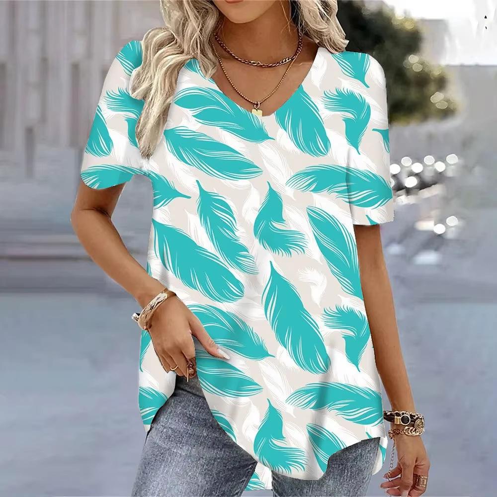 Casual Versatile Plant Pattern Short Sleeve V-Neck T-Shirts Women’s