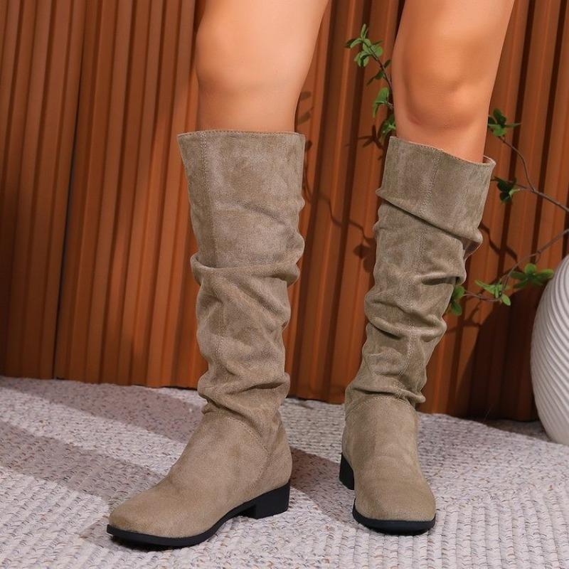 Bottes western à tige haute pour femmes, en daim à poils longs de grande taille européenne et américaine, bout rond, couleur unie, talon épais, semelle plate, bottes de mode