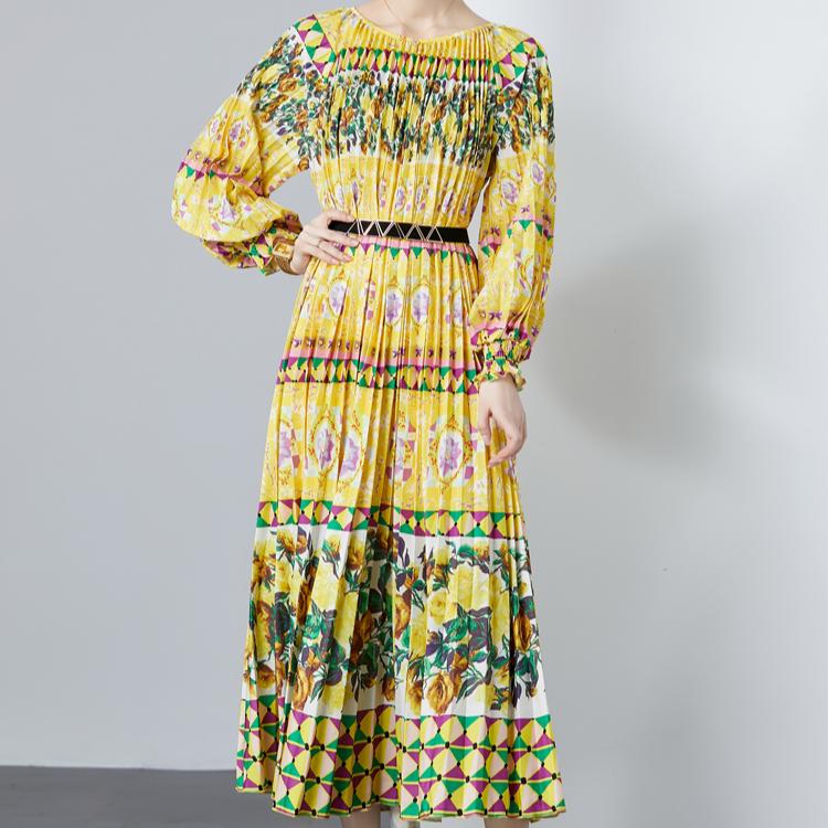 Spring Autumn Women Designer Print Oversized Long Maxi Holiday Party Pleated Dresses with Belt