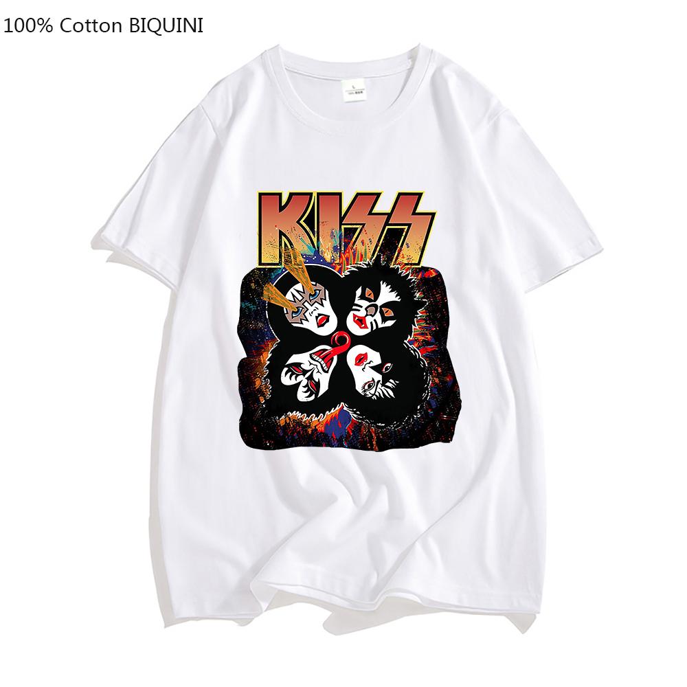 New T Shirt Black Tops for Men KISS Rock & Roll T-Shirt Heavy Metal Band Merch 100% Cotton Tshirt for Male/Female Punk Goth Tops