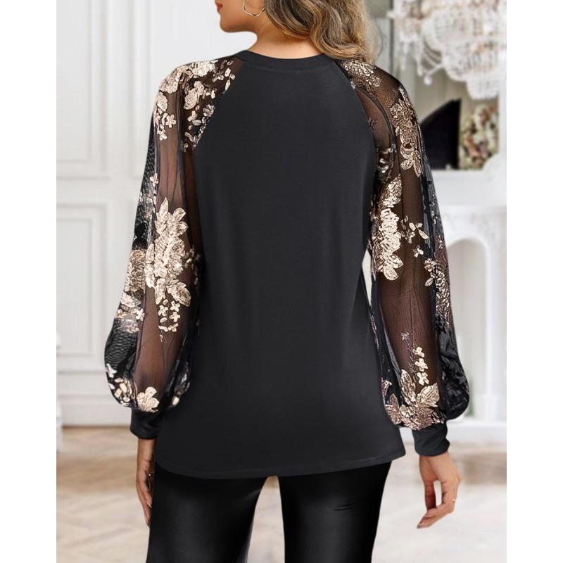 YYFS Women's Fashion Casual Spring Fall Flower Pattern Print Long Sleeve O-Neck Blouses & Shirts