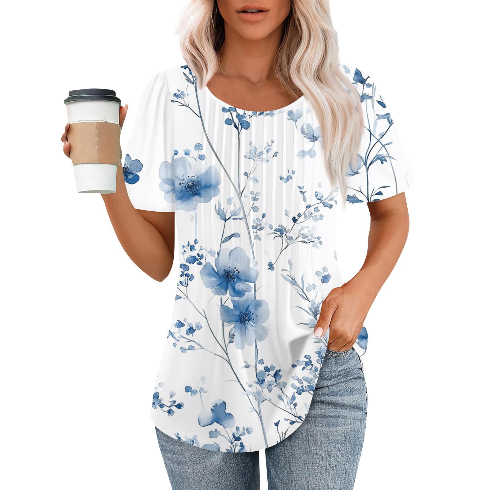 

Women s Fashionable Casual Pleated Round Neck Striped Flower Printed Short Sleeved T Shirt Top M красный