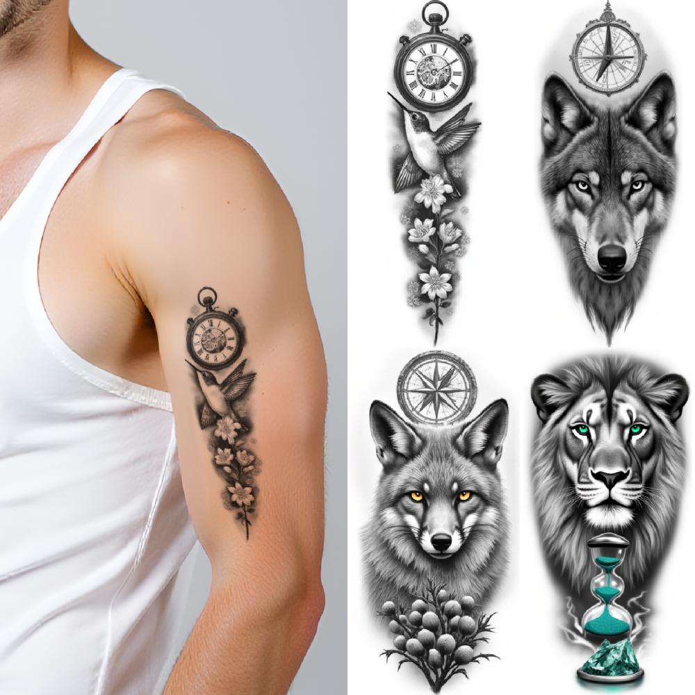 12pcs Temporary Tattoo Waterproof Long-lasting Body Stickers Knight Dragon Peacock For Thigh Male Arm