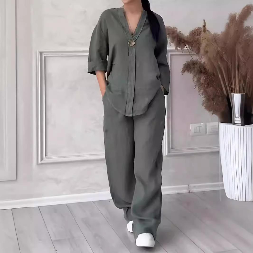 

Жіночий повсякденний однотонний комплект із V-подібним вирізом, модний комплект із двох предметів, бавовняна білизна, сорочка, широкі брюки, костюм з довгими рукавами XXXXL армія зелений колір