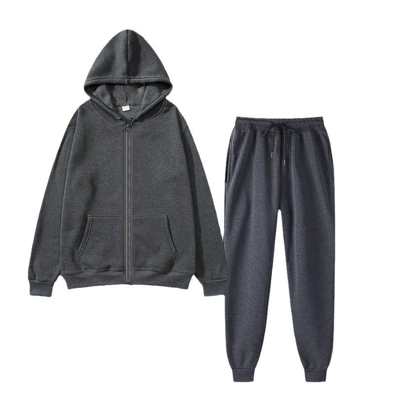 Womens Fleece Hooded Zip Tracksuit Loose Fit Solid Color Sportswear Set