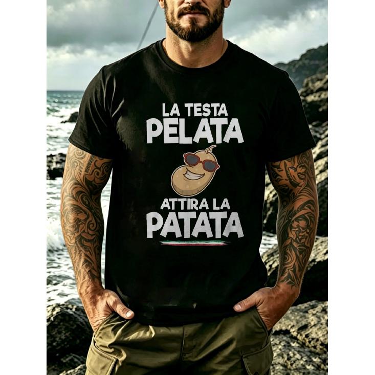 Men'S Italian Phrase T-Shirt With "The Bald Head Attracts Potatoes" Back Print - Retro Italian Slogan Shirt, Funny Gift Suitable For & Italian