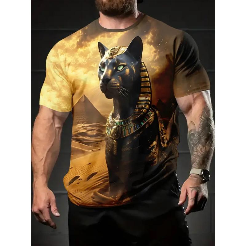 Large Men's Egyptian Pharaoh Mural Pattern 3D Printed Men's Round Neck Short Sleeved T-shirt Summer Fashion T-shirt Casual Comfortable Versatile Top