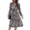 Women's Spring Pleated Print V Neck Long Sleeve Lace Up High Waist Dress