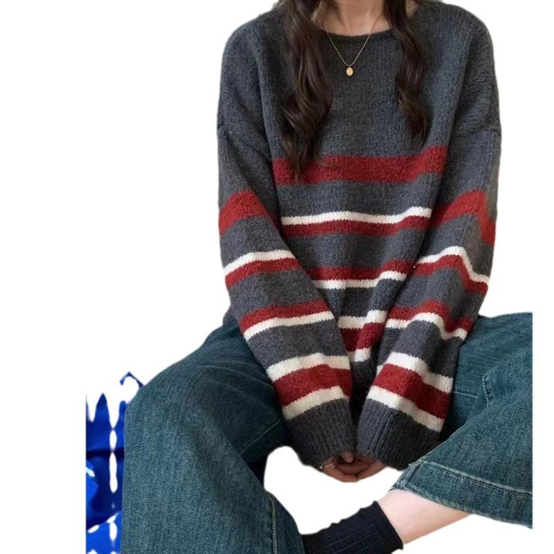 Autumn and winter contrasting striped round neck pullover sweater tops for women new lazy style loose and versatile sweater jacket