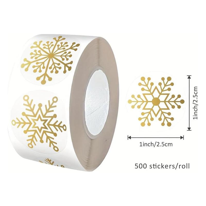 Snowflake Christmas Stickers Roll-Gold Foil 2500Pcs-Clear Round Adhesive Labels For Holiday Decor