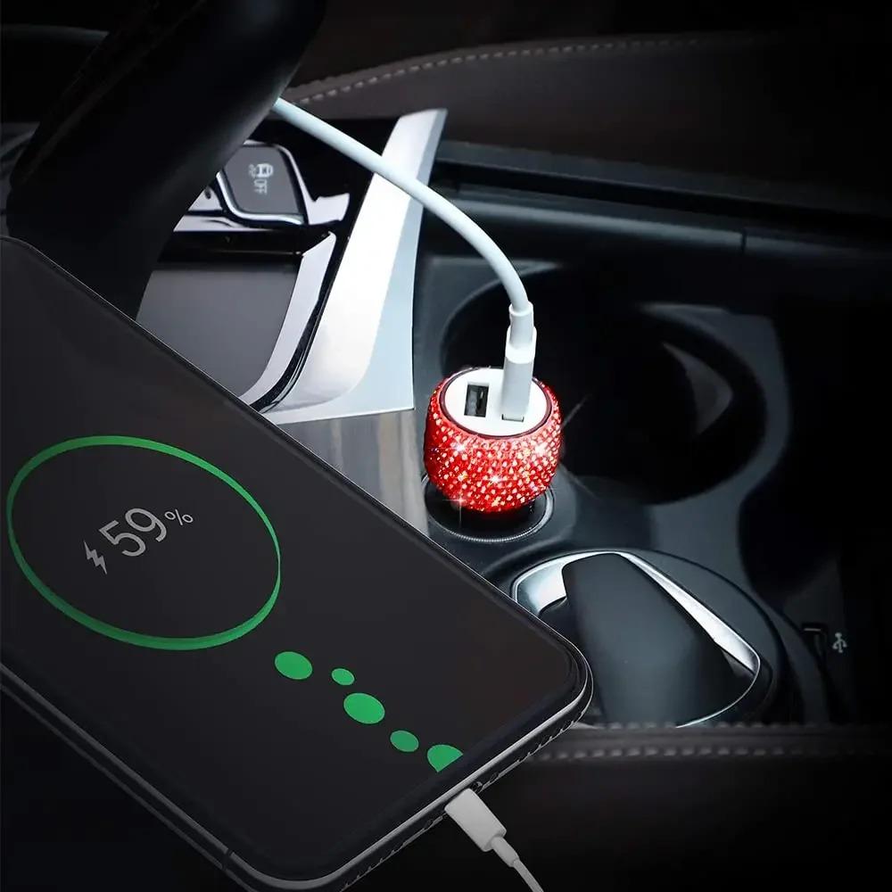 Dual USB Car Charger, Car Adapter Bling Bling Rhinestones Crystal Car Decorations for Fast Charging Car Decors