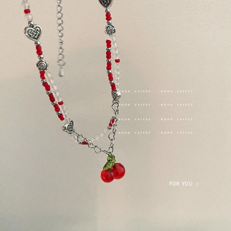 Y2K Red Cherry Heart Beaded Choker Necklace Women Boho Layered Bead Cherry Pendant Necklaces Vintage 2024 New Necklace Jewelry