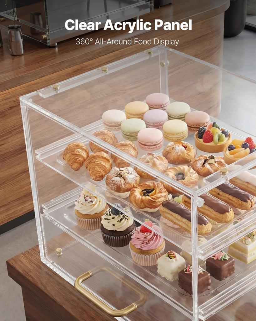 Bakery Display Case, 3-Tier Commercial Countertop Pastry Display Case, Clear Acrylic Bread Box for Kitchen, Party Cake Cabinet with Flip-Up Door for