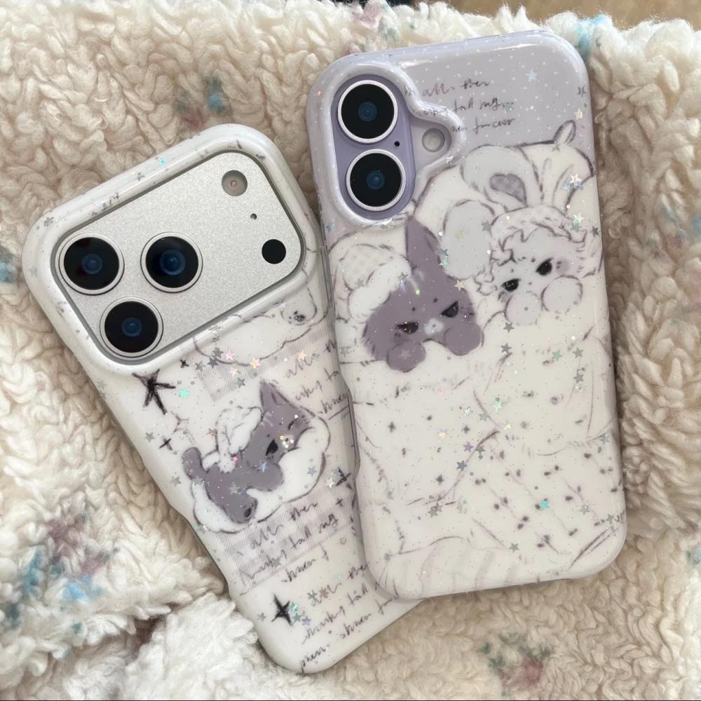 New cartoon cute ancient flavor gray cat white rabbit iPhone17promax double layer IMDiPhone16ProMax round edge airbag 14Pr all-inclusive