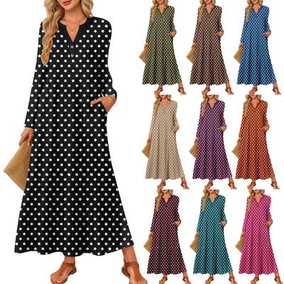 Women Polka Dot Printed Long-sleeved Comfortable Loose Dress, Elegant Dress