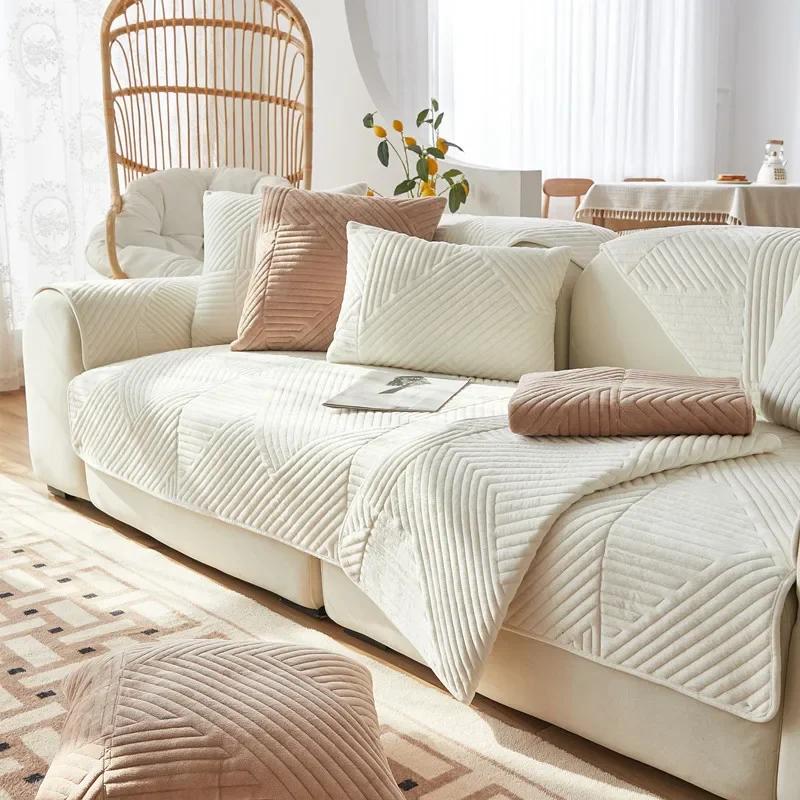 Tykk plysj Sofatrekk Geometriske Striper Sofa Håndkle Anti-skli Kombinasjon Sofa Pute Sliptrekk for stuebeskyttelse