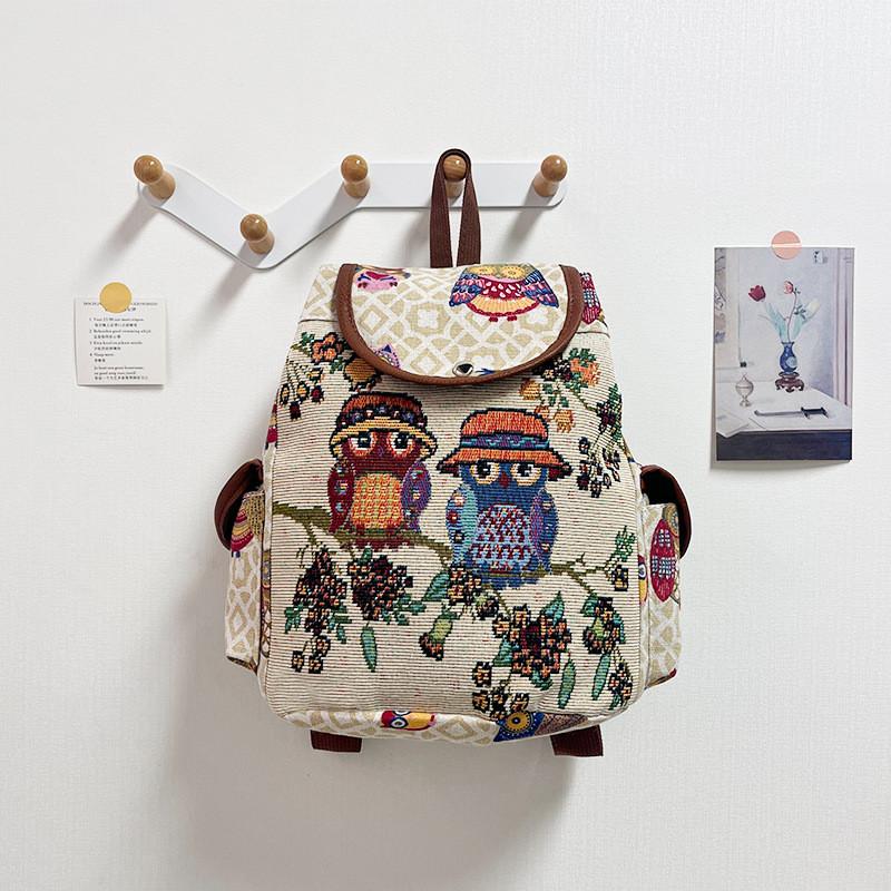 Owl Canvas Backpack With Drawstring Closure For Casual Daily Use
