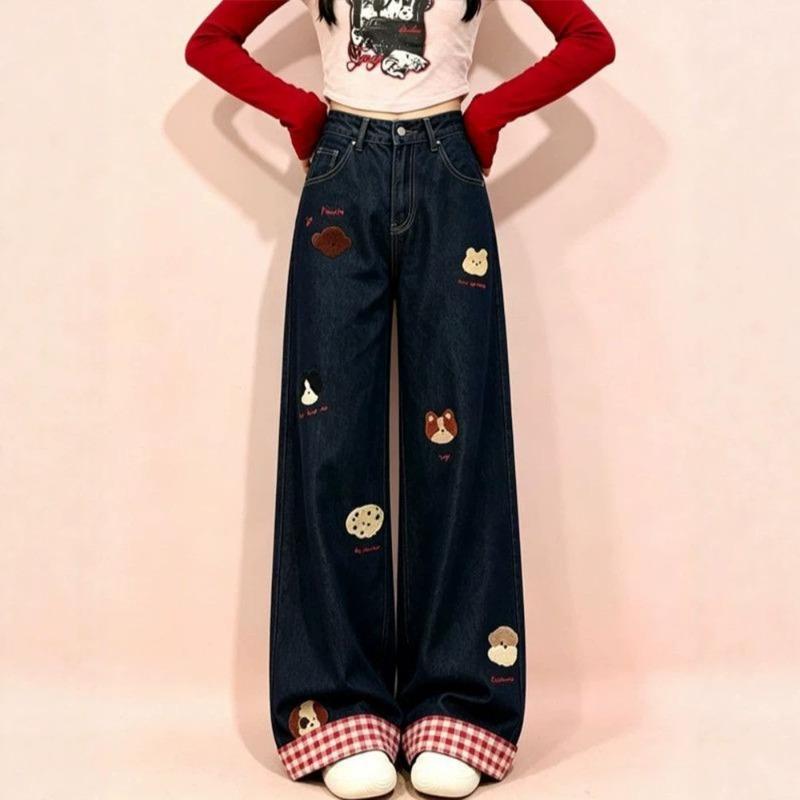 Hosen mit weitem Bein, schwarzes Handtuch-Stickdesign, Herbst-Jeans mit hohem Bund, dünn, gerade, Kinder