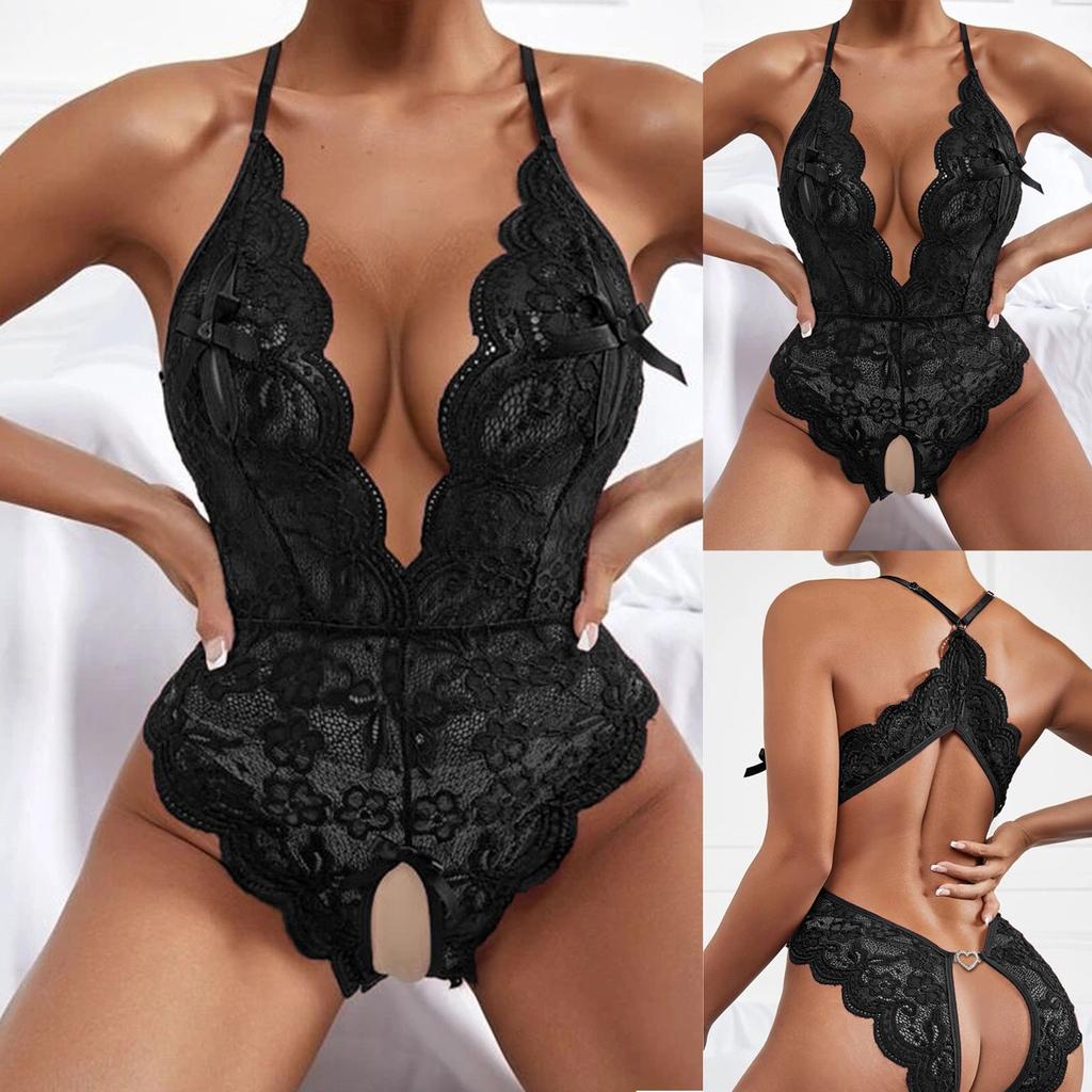 Women's Sexy Lace Hollow Out One-Piece Deep V Sexy Split Sexy Lingerie