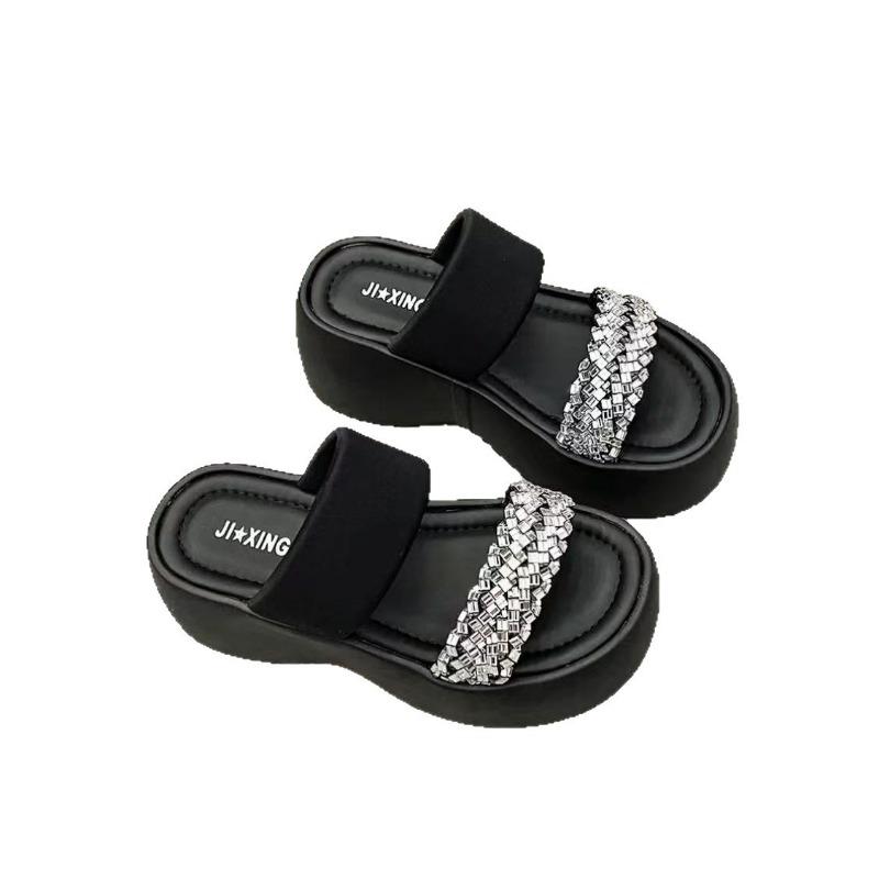 Thick-bottomed Slope Heel Rhinestone Outer Slippers Women's Summer New Versatile Square Head Open-toed Sandals