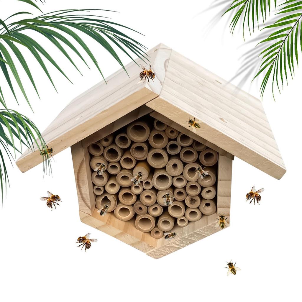 Handmade Wooden Hexagonal Ma-son Bee House With Tubes Natural Wooden Bee Hive Attracting Pollinating Bees For Yards Porches Lawn