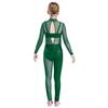 Girls Sheer Mesh Patchwork Full Body Leotard Mock Neck Long Sleeve Keyhole Back Sparkly Rhinestones Jumpsuit