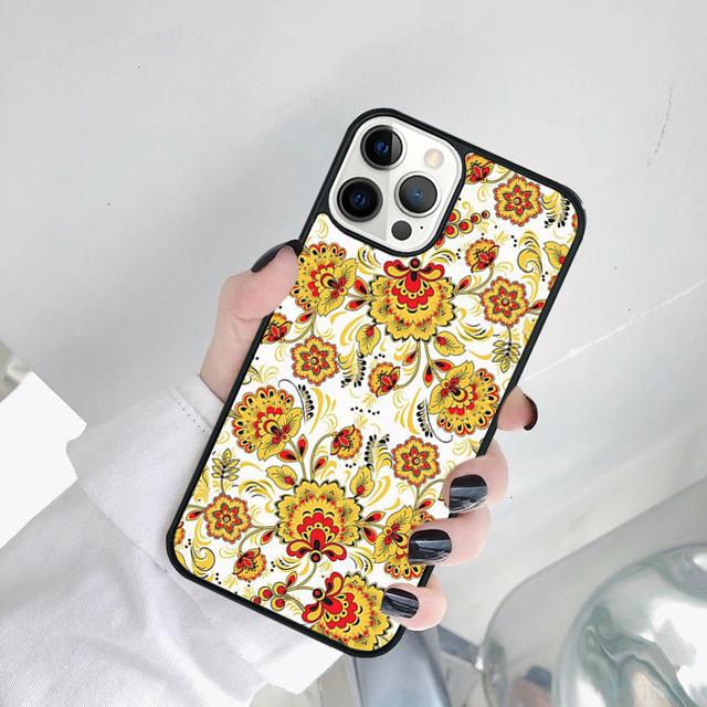Khokhloma Russian Pattern Flower Phone Case For iPhone 17 Air 15 16 14 11 12 13 Pro MAX Plus