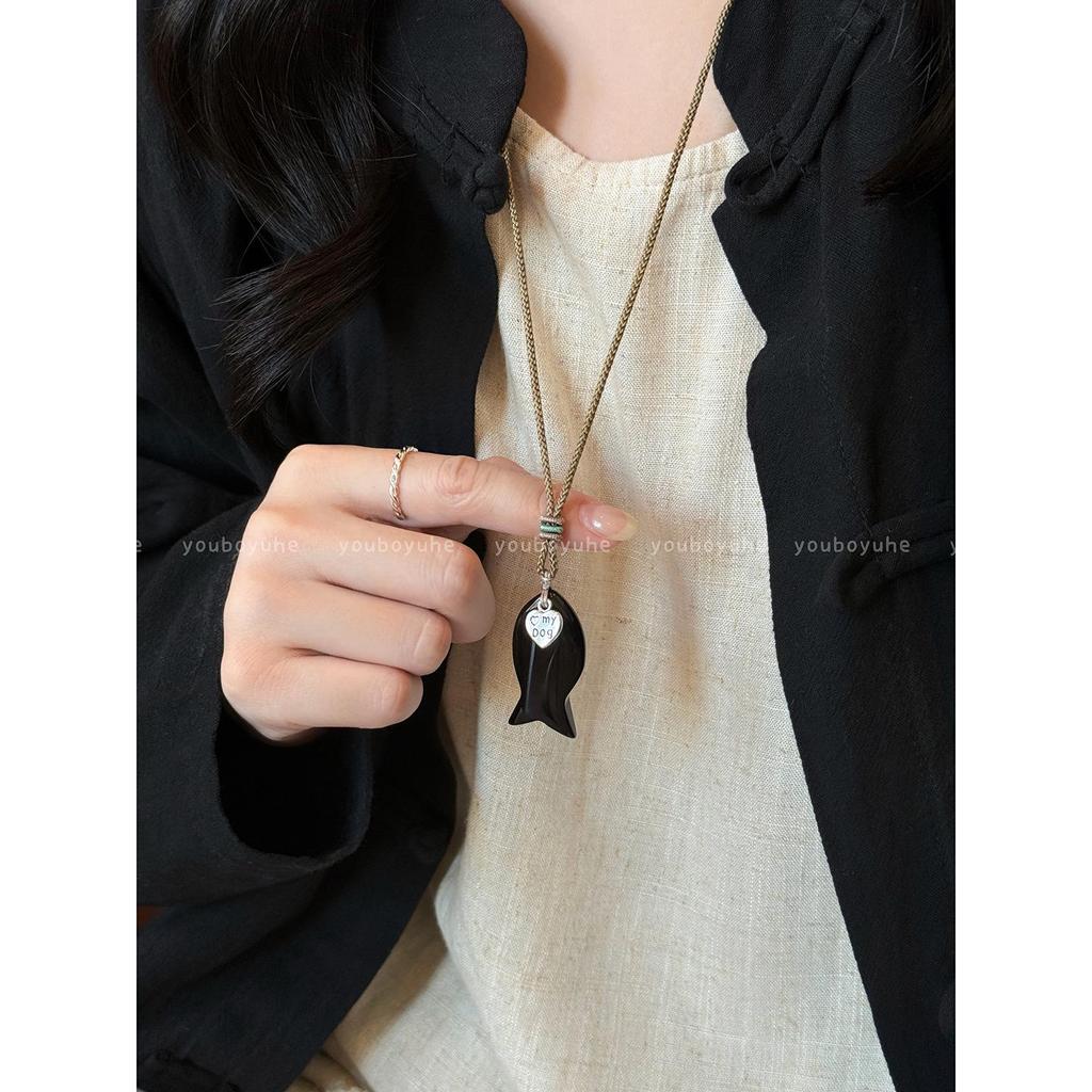 Damen Y2K Tigerauge Stein Fisch Anhänger Halskette - Leichter Luxus Lange Kette Accessoire