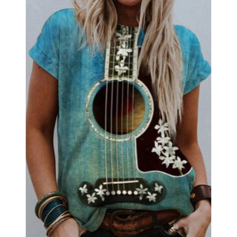 Short Sleeved T-shirt for Women with Round Neck Print Trendy Street Style Short Sleeved Loose Fit Shirt