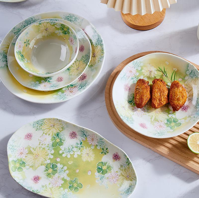 Keramikschale im japanischen Stil mit Blumenmuster, unregelmäßiger Teller, hoher Wert, großes Fassungsvermögen, Suppenschale, Salatschüssel, Frühstücks-Dessertteller, Fischteller