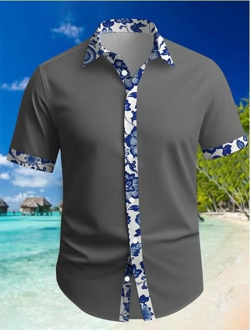 Men S Casual Summer Short Sleeve Floral Print Hawaiian Vacation Shirt S серый