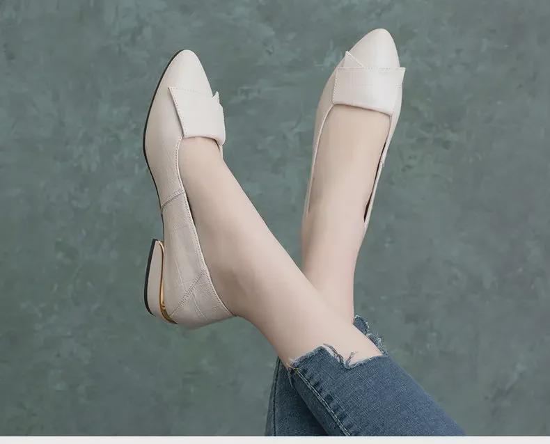 Women's Soft Leather Pointed-Toe Flats with Thick Heel, Versatile for Spring & Autumn
