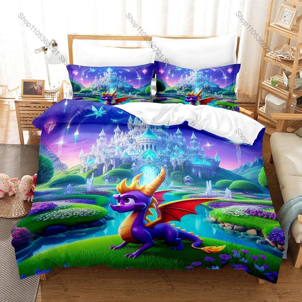 Spyro Reignited Trilogy Bedding Set, Duvet Cover & 2 Pillowcases, Cute Dragon Character Pattern Breathable Fabric All Season