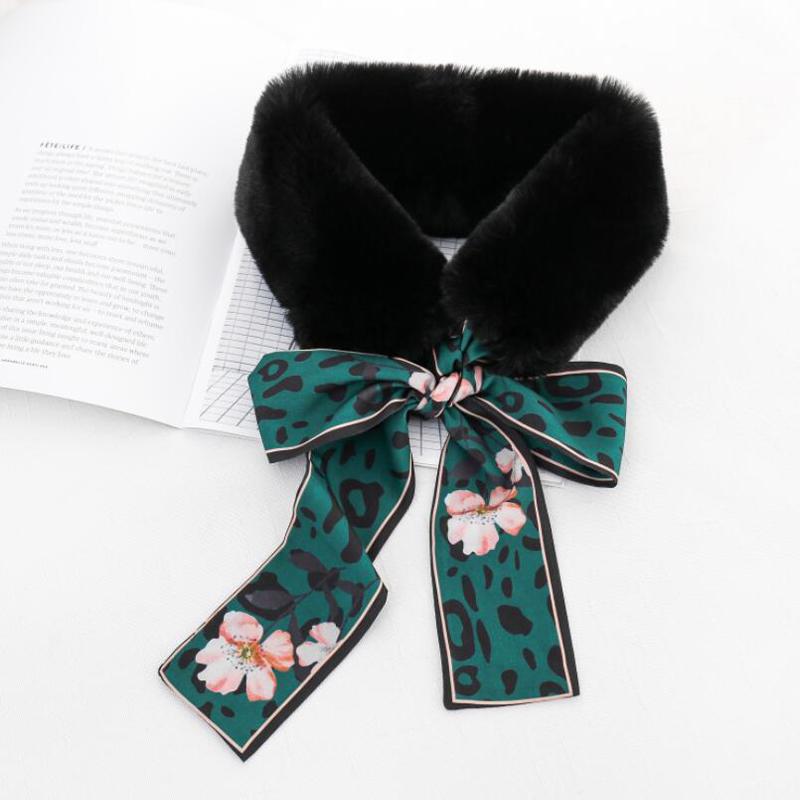 Women Ribbon Winter Plush Leopard Fur Collar Ribbon Scarf Warm Scarf