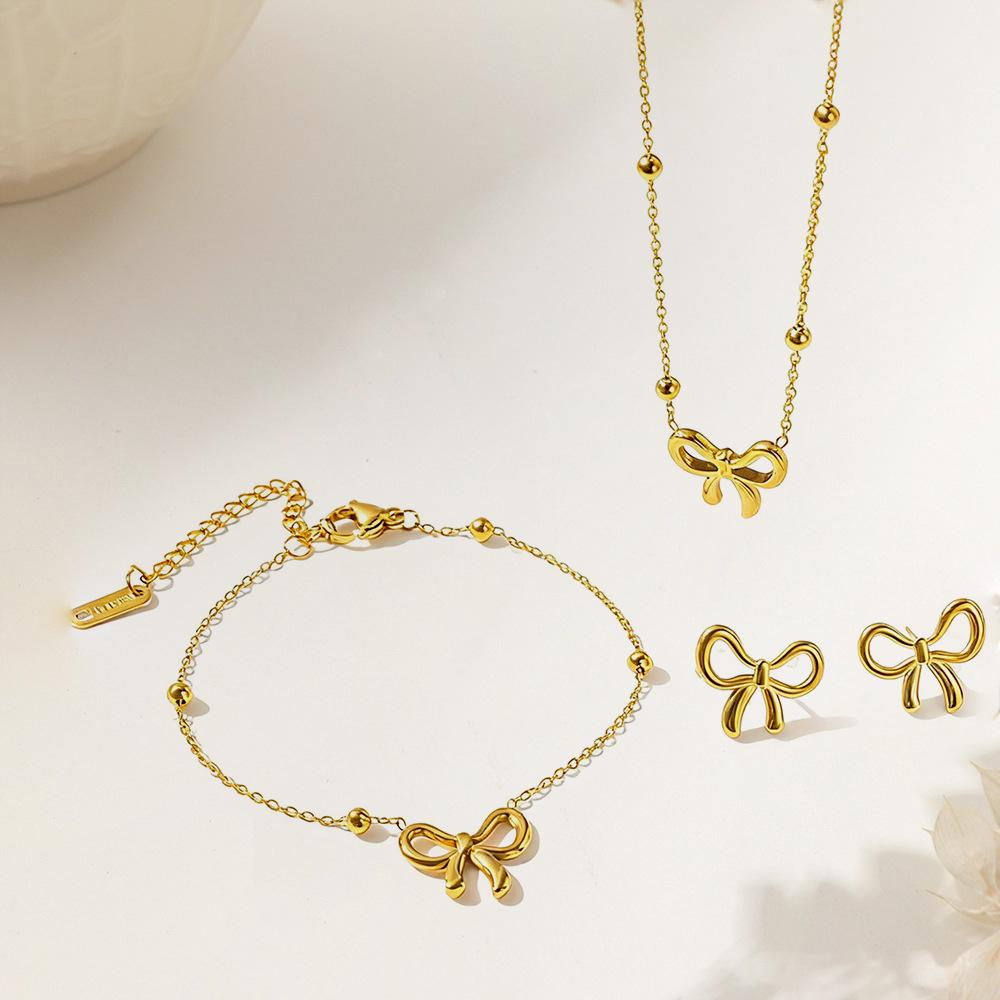 Trendy Classic Stainless Steel Bow Charm Jewelry Set for Women And Girls - Necklace Bracelets Earrings Choker Party Gift
