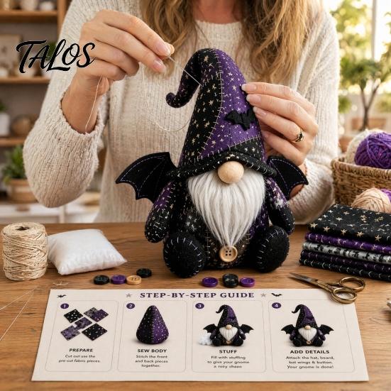 Fabric Sewing Kit Halloween Gnome Patchwork Kit, Witch Pumpkin Doll DIY with Pre-Cut Handmade Holiday Buttons Needle Thread, Cute Craft for