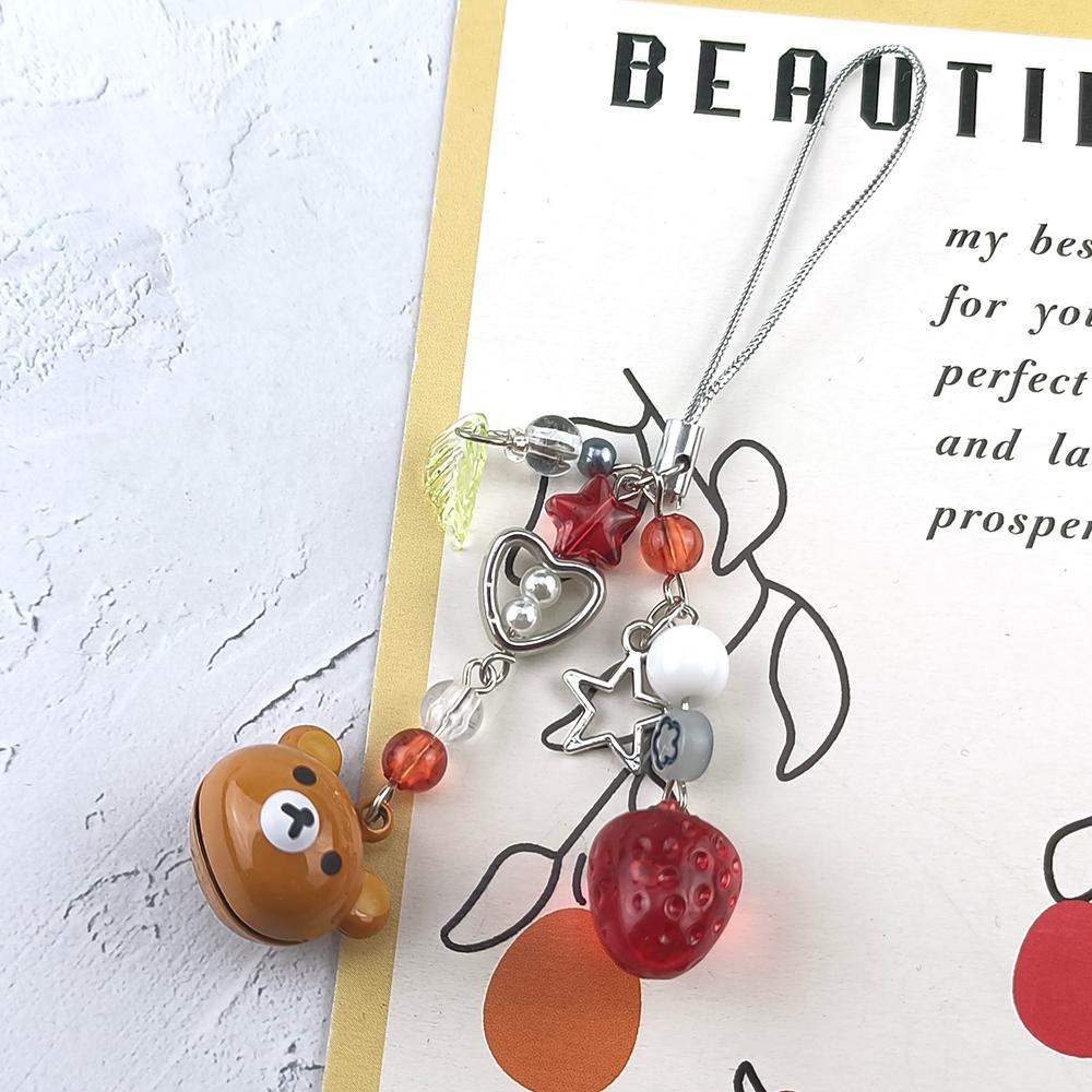 Cute Bell Bear Pendant Matching Phone Keychains Handmade Strawberry Beaded Accessories Couple Gifts Bag Charm